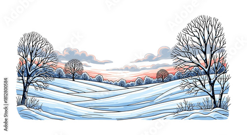 Beautiful winter landscape scene with snowy hills and bare trees