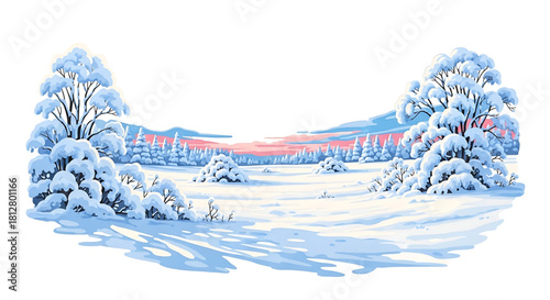 Winter wonderland landscape of snowy trees in a peaceful countryside.