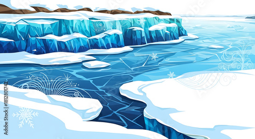 Frozen landscape with icebergs and snow formations, a winter vector scene