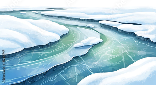 Winter's icy grip: A frozen river carves through snow-covered lands