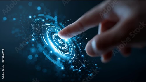 A collage of futuristic AI interface images showing digital data, holographic screens, and human hands interacting with virtual technology in a cyber-inspired environment.