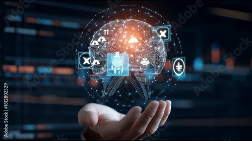 A collage of futuristic AI interface images showing digital data, holographic screens, and human hands interacting with virtual technology in a cyber-inspired environment.