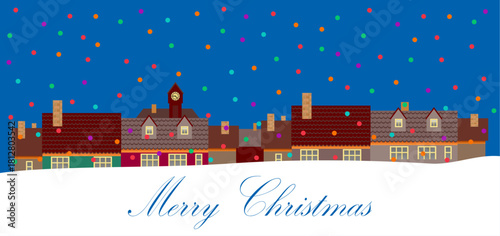 A winter old town covered in snowdrifts against the evening sky. Snowy Christmas landscape. Seamless pattern for fabrics, textiles, packaging, and wallpaper. Vector illustration.