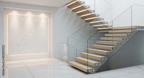 Floating staircase in a modern interior with white walls and marble floor