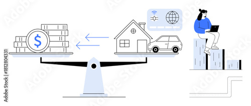 Scales weigh money against assets thumbs up home, car, and global network. Person on bars manages decisions via laptop. Ideal for finance, budgeting, decision-making, investments, trade-off digital