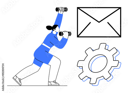 Woman exercising with dumbbells, paired with an envelope and gear symbolizing communication, productivity, and wellness. Ideal for work-life balance, fitness, wellness, productivity, multitasking