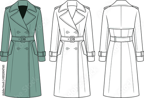 Classic double-breasted trench coat fashion flat, technical outerwear sketch with belt and structured lapels, detailed apparel sewing pattern illustration