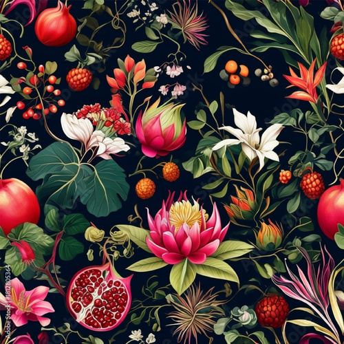 A highly detailed botanical background featuring lotus, pomegranate, and cranberry Luxury Botanical Pattern with Exotic Flowers and Fruits
