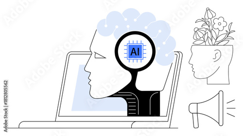 Human head with a digital AI chip emerging from a laptop, plant in a brain pot, and a megaphone. Ideal for artificial intelligence, technology, innovation, creativity, sustainability, communication