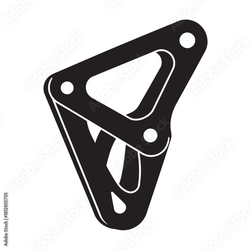 Black and white vector illustration of a modern climbing belay and rappel device, showing the essential safety gear for rock climbing, mountaineering, rescue operations, and working at height.