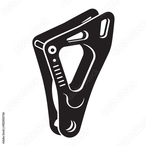 Black and white vector illustration of a modern climbing belay and rappel device, showing the essential safety gear for rock climbing, mountaineering, rescue operations, and working at height.