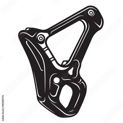 Black and white vector illustration of a modern climbing belay and rappel device, showing the essential safety gear for rock climbing, mountaineering, rescue operations, and working at height.