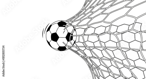 Soccer ball powerfully hitting the back of the net for a goal.