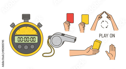 Referee Equipment: Stopwatch Whistle Red and Yellow Cards Play On Signal.