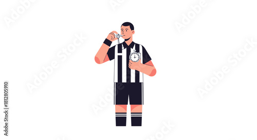 Soccer Referee Blowing Whistle in Black and White Uniform.