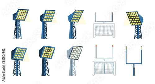 Collection of stadium lights and sports goals for various games.