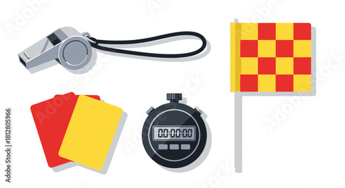 Essential soccer referee equipment set vector illustration.