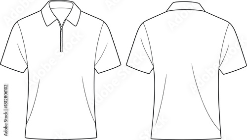 Half-zip polo shirt fashion flat, technical garment sketch with classic collar and short sleeves, clean athletic apparel sewing pattern illustration