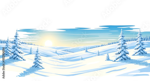Snowy winter landscape with evergreen trees and sunlight, idyllic scenery