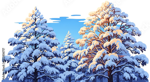 Snow covered pine trees against a blue sky backdrop design.