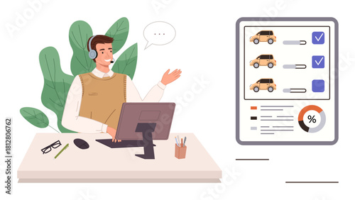 Customer service agent with headset communicating at desk, assisting with car selection on digital screen. Ideal for customer support, e-commerce, car dealerships, technology, remote work, sales