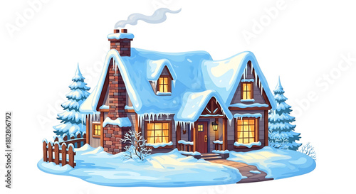Cozy winter cottage illustration covered in snow with chimney smoke.