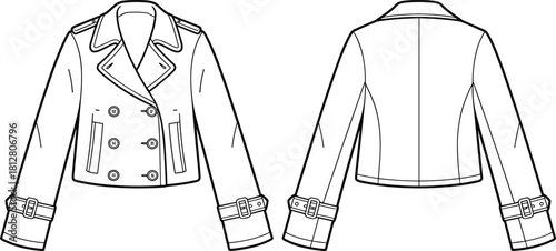 Cropped double-breasted jacket fashion flat, technical garment sketch with buckled cuffs and structured collar detailing, outerwear sewing pattern illustration