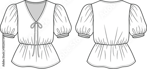 Peplum tie-front blouse fashion flat, technical garment sketch with puff sleeves and gathered waist detailing, apparel sewing pattern illustration