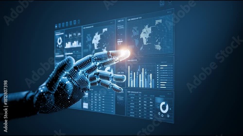 A collage of futuristic AI interface images showing digital data, holographic screens, and human hands interacting with virtual technology in a cyber-inspired environment.