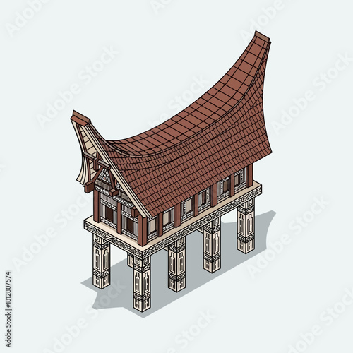 Illustration of a Tongkonan Traditional House from South Sulawesi, Indonesia