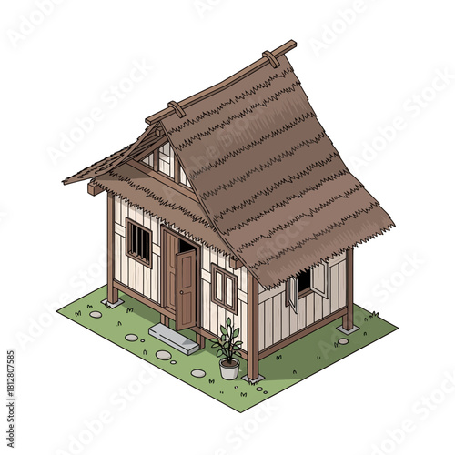 Isometric depiction of a quaint thatched roof house with open door