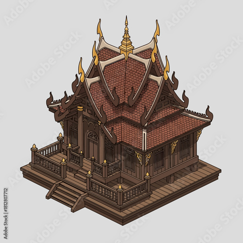 Isometric Illustration of a Traditional Thai Style Building Structure