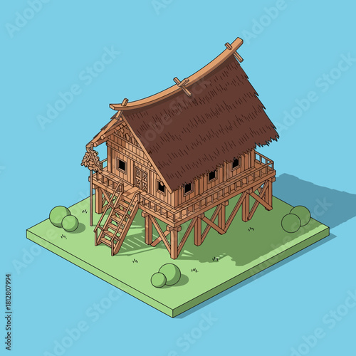 Isometric rendition of a traditional stilt house with thatched roof
