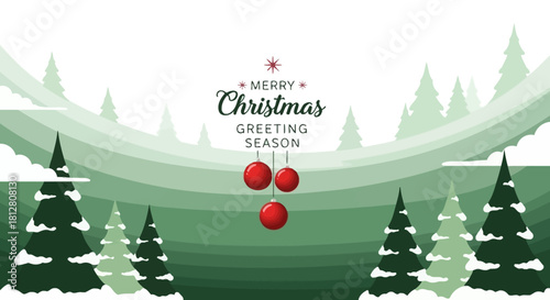 Festive Christmas Card Design with Baubles and Winter Trees