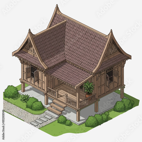 Isometric traditional house, stilt house style, surrounded by greenery and stone pathways
