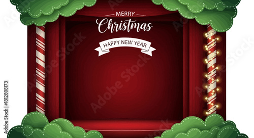 Festive Christmas Stage Backdrop with Candy Canes and Greenery