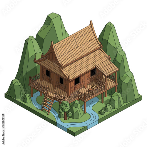 Isometric view of a traditional wooden stilt house nestled in mountains