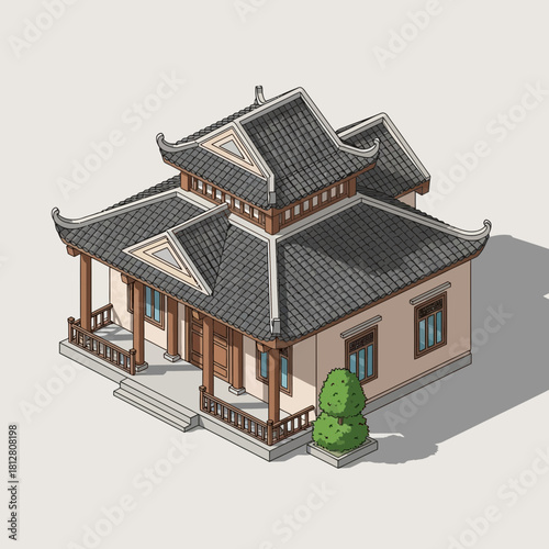 Isometric View of a Tranquil Oriental House, Traditional Asian Style