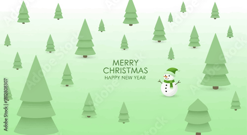 Festive Forest Christmas Trees and Snowman on Light Green Background