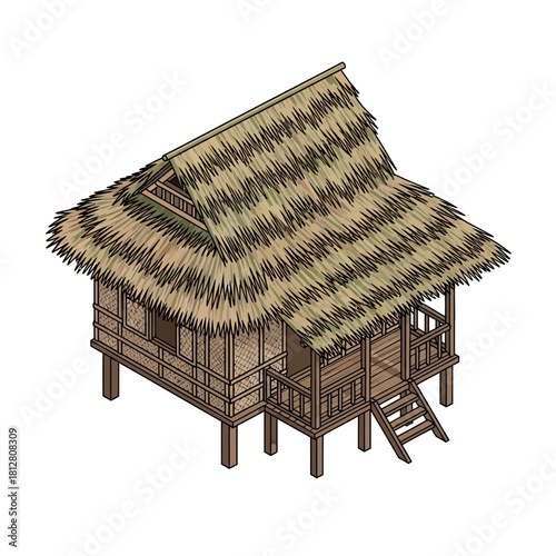 Stylized isometric illustration of a thatched roof stilt house cottage