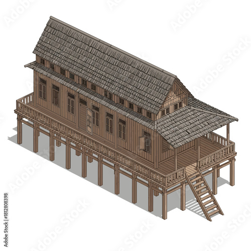 Traditional elevated wooden house design with staircase and tiled roof