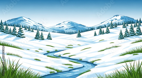 Serene winter landscape with snow-covered mountains and a flowing river.