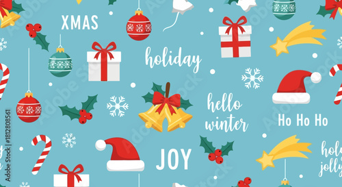 Christmas seamless pattern with santa hat, gift boxes, christmas ornaments, snowflakes, bells, and sweets