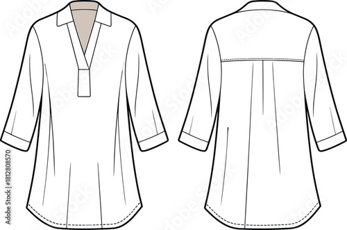 Minimal V-neck tunic top fashion flat, technical garment sketch with cuffed three-quarter sleeves and curved hem sewing pattern illustration