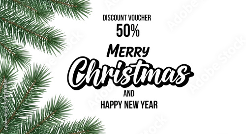 Merry Christmas Discount Voucher with Pine Branches Illustration