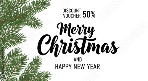 Festive Christmas & New Year Discount Voucher with Green Pine Branches