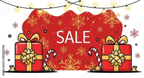 Festive Christmas Sale Design with Presents, Candies and Lights