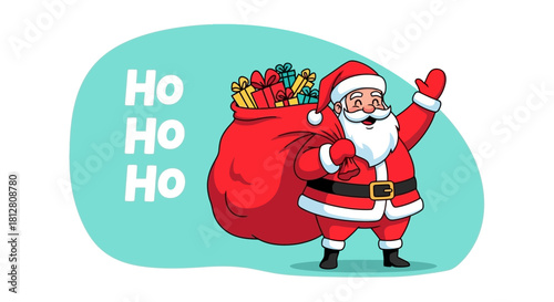 Santa Claus with Gift Bag and Cheerful 'Ho Ho Ho' Greeting Illustration