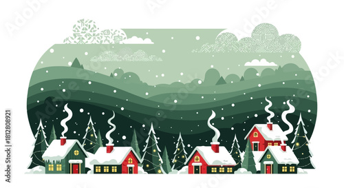Winter Village Landscape Cozy Houses, Snowy Trees, and Mountain Backdrop