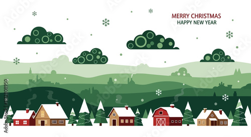 Festive Winter Village Landscape with Christmas Greetings